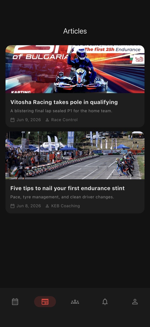 The articles feed with race reports and photos