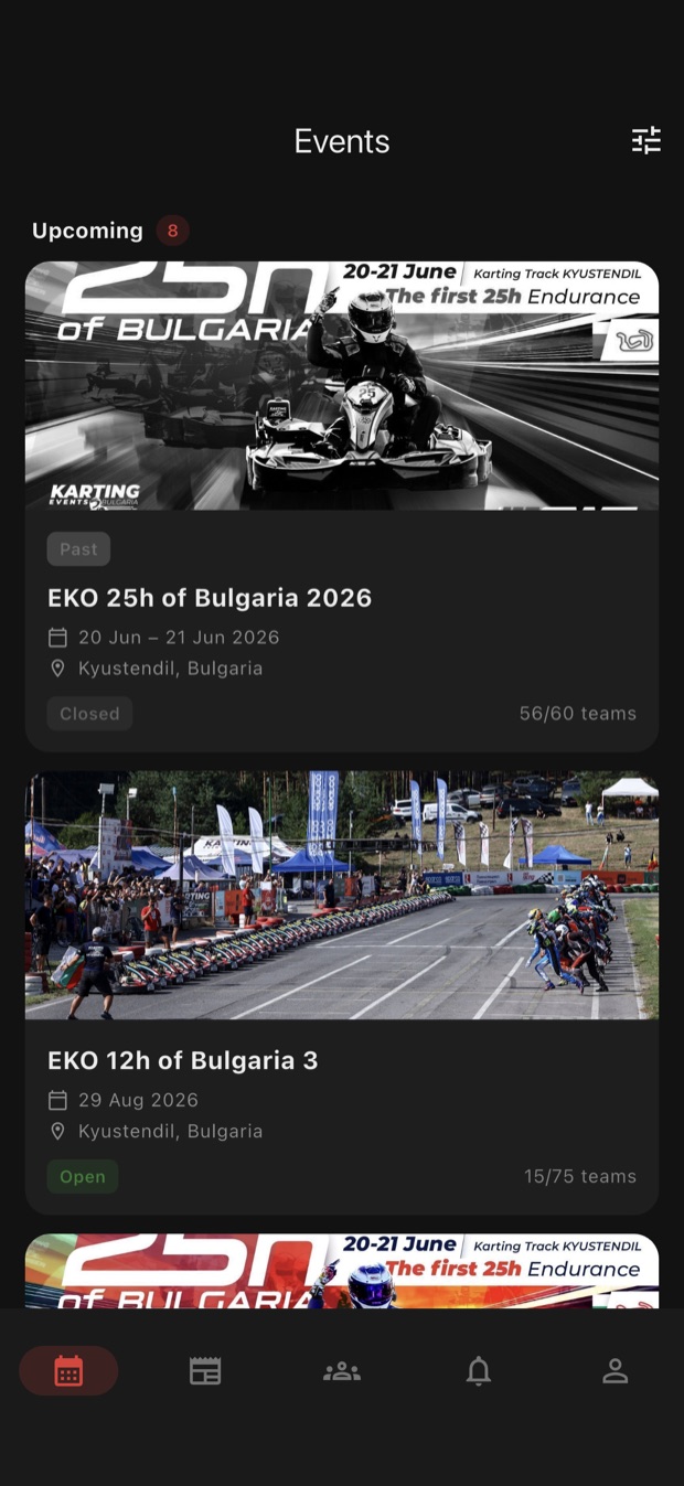 The events list showing upcoming races with dates, circuits and remaining team slots