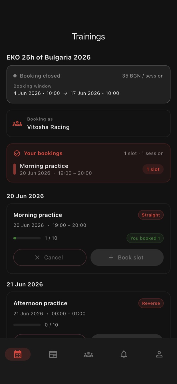 Training sessions with prices and bookable slots