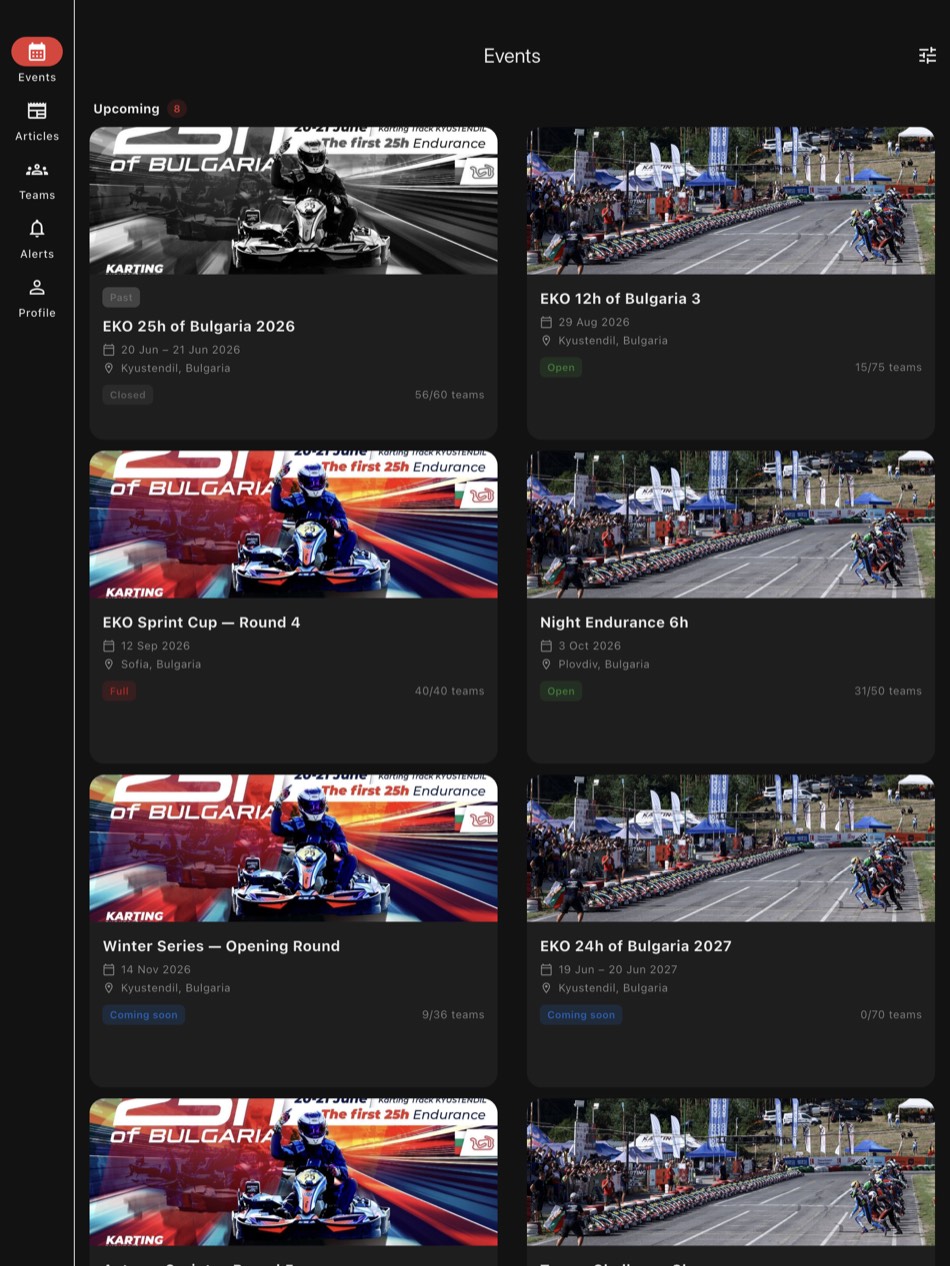 KEB Racing on a 13-inch tablet showing the events calendar in two columns beside a navigation rail